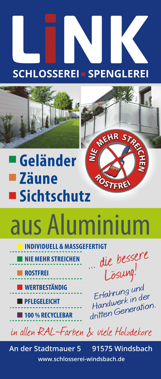 LiNK Schlosserei & Spenglerei – Geländer, Zäune, Sichtschutz aus Aluminium
